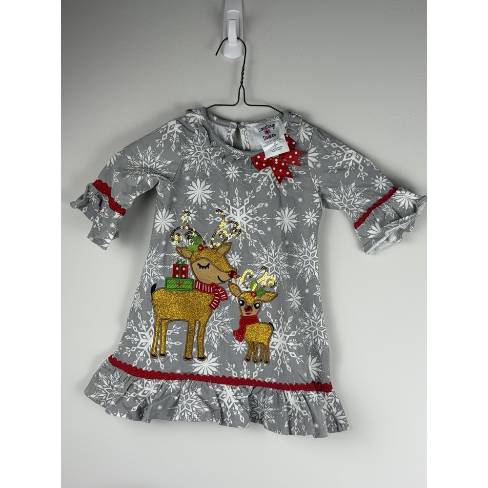 Counting Daisies Christmas Snow Reindeer glitter Dress With Ruffle Sleeve Size 2